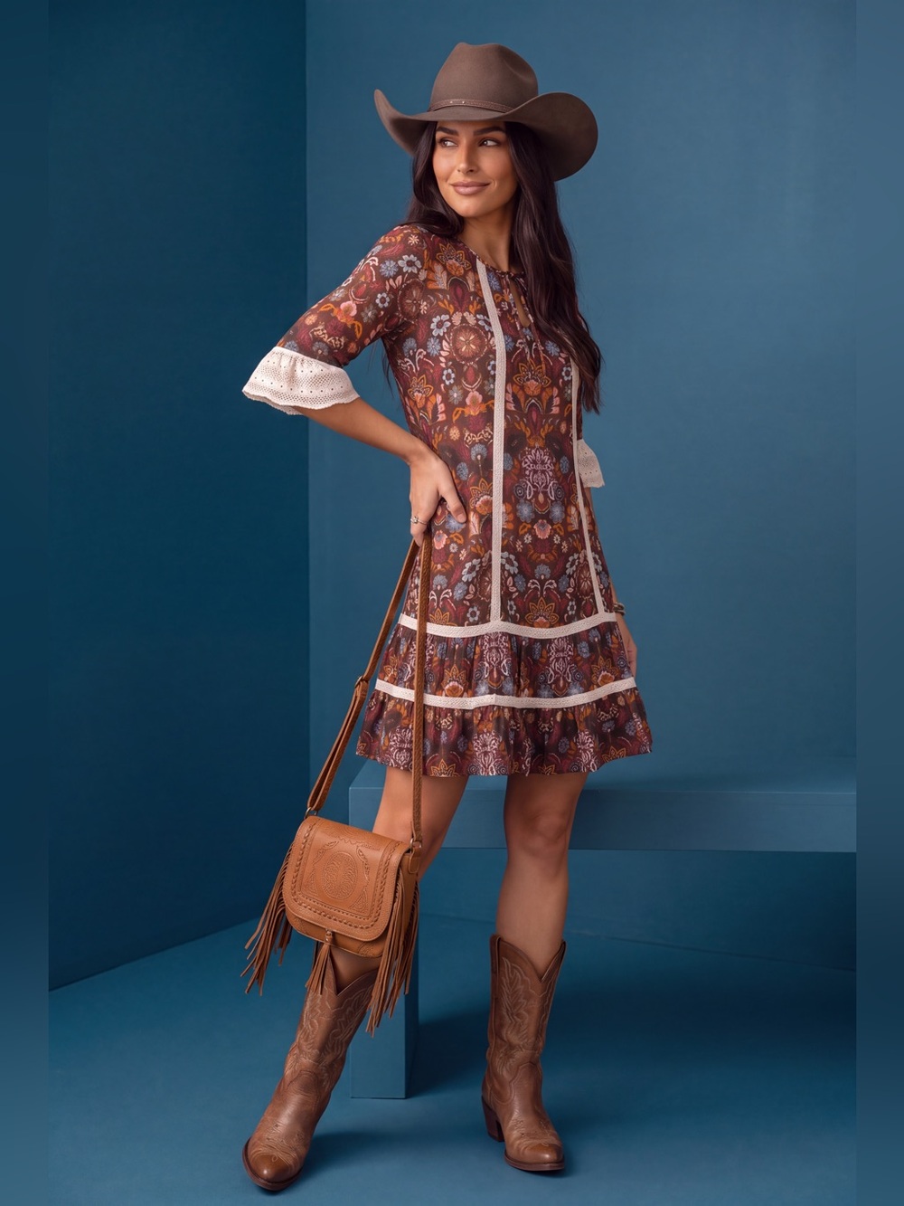 Matilda Jane Brown Multi Floral Lace-Trim Mini Dress